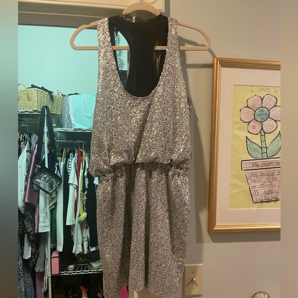 Robert Rodriguez silver sequin lace silk mini dress